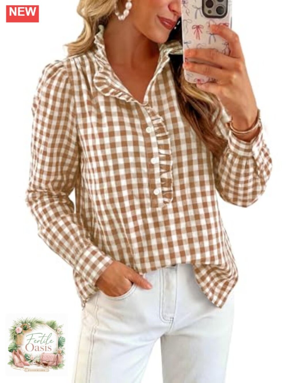 Women's Plaid Button Down Shirt Long Sleeve Cotton Puff Sleeve Ruffle Blouse